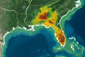 Heat map of Alabama, Georgia, and Florida showing intensity zones.